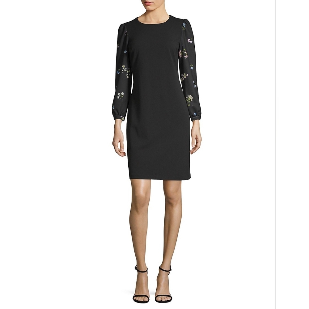 Karl Lagerfeld Black Sheath Dress with Floral Print Sleeves